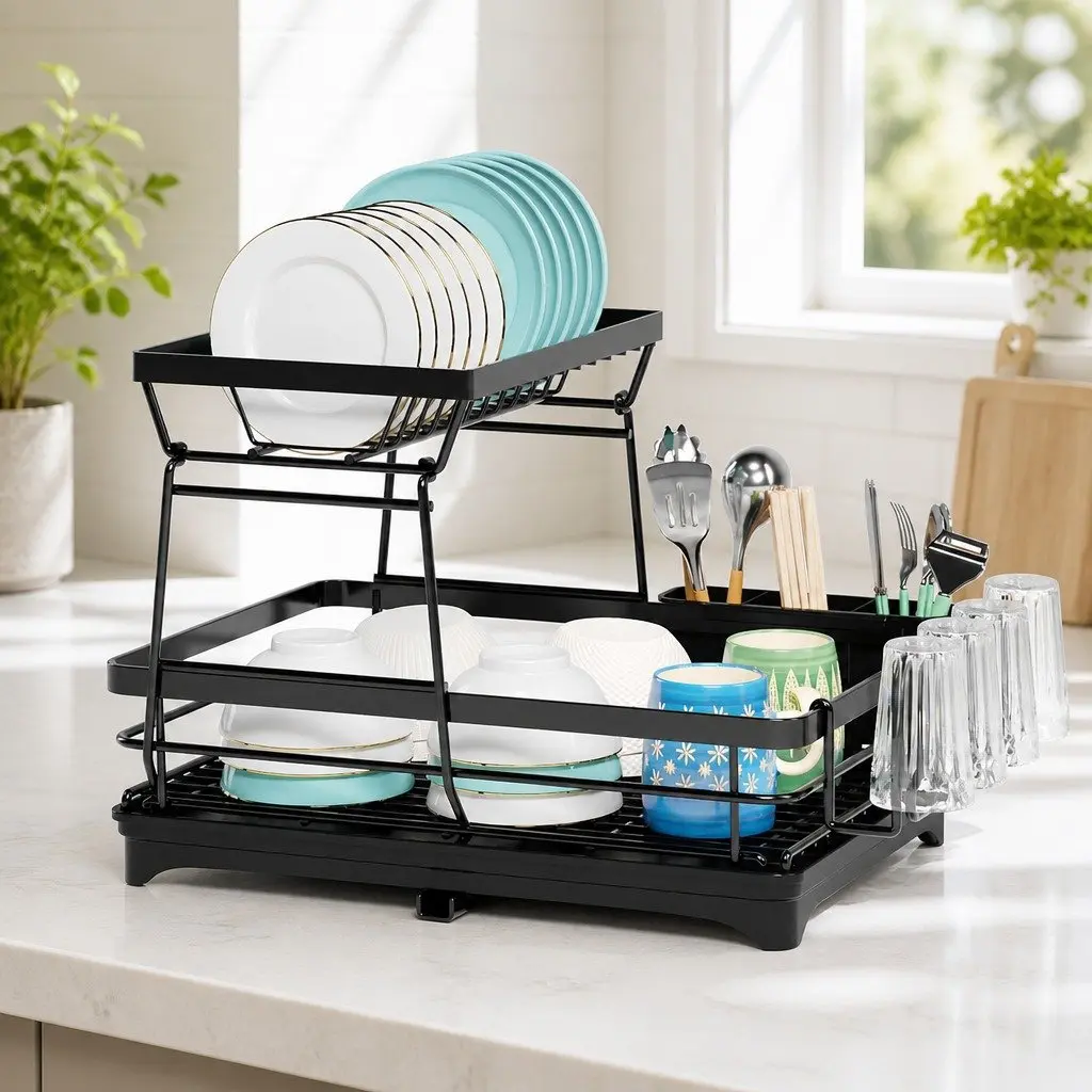 2-Tier Dish Drying Rack with Drainboard & Utensil Holder