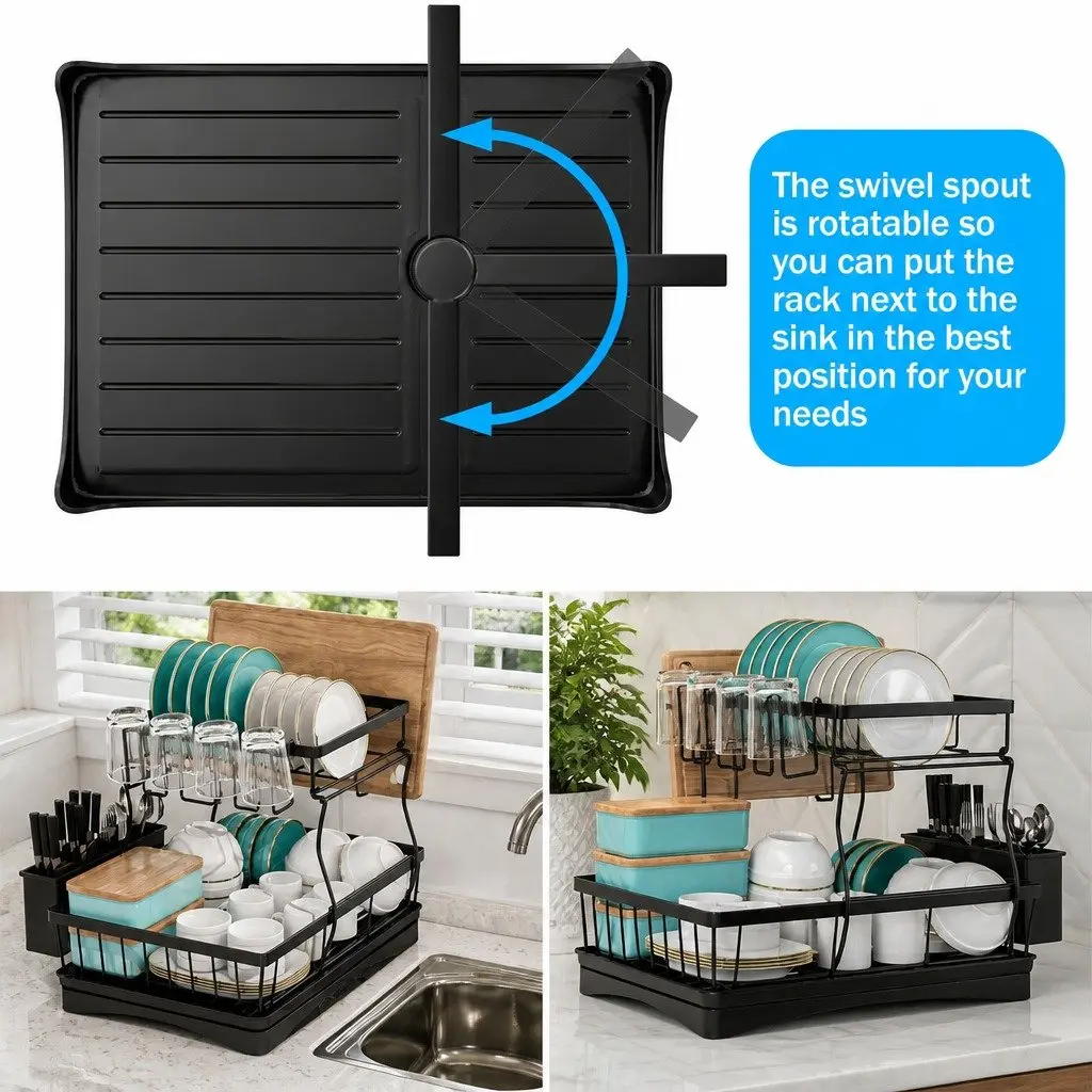 2-Tier Dish Drying Rack with Drainboard & Utensil Holder
