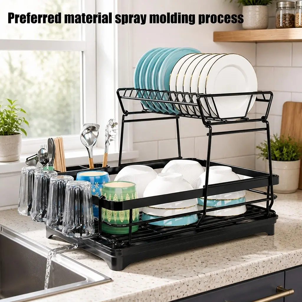 2-Tier Dish Drying Rack with Drainboard & Utensil Holder