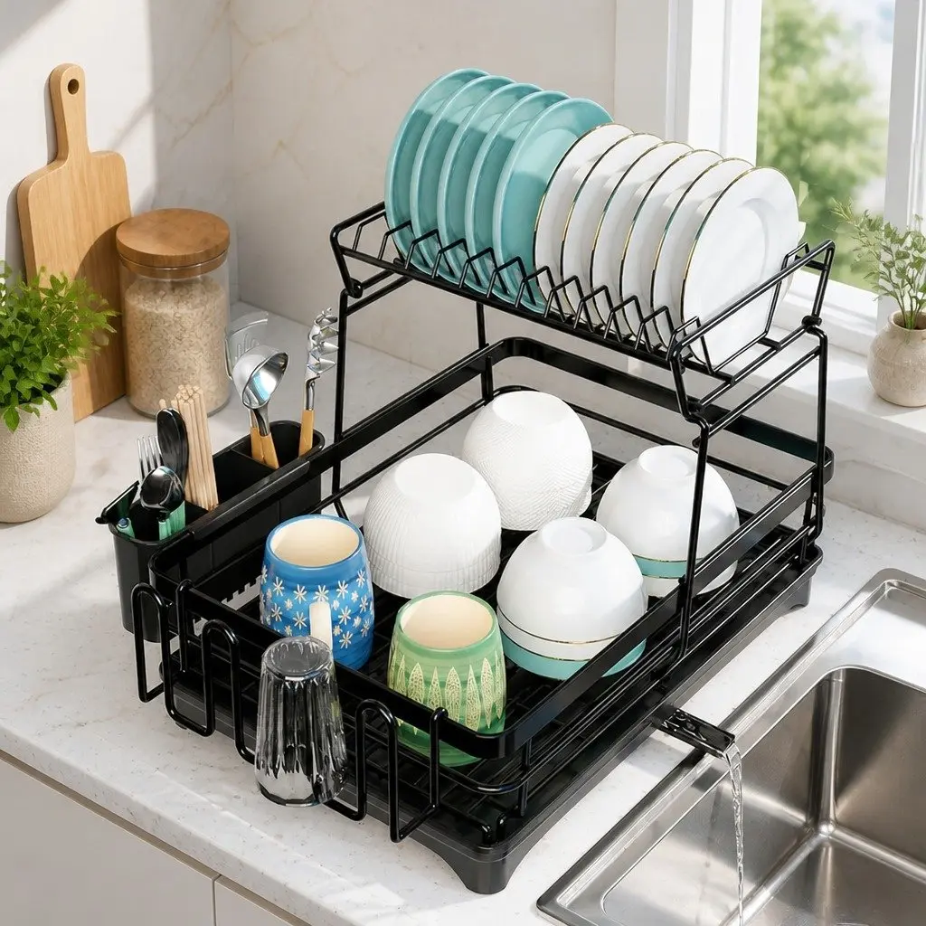 2-Tier Dish Drying Rack with Drainboard & Utensil Holder