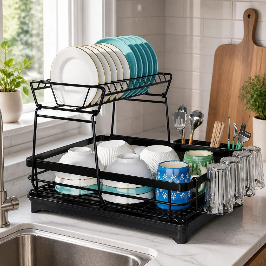 2-Tier Dish Drying Rack with Drainboard & Utensil Holder