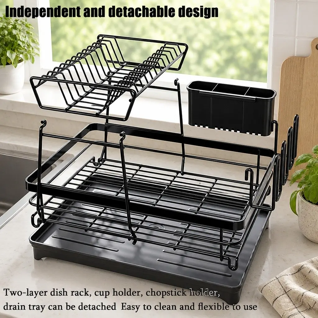 2-Tier Dish Drying Rack with Drainboard & Utensil Holder