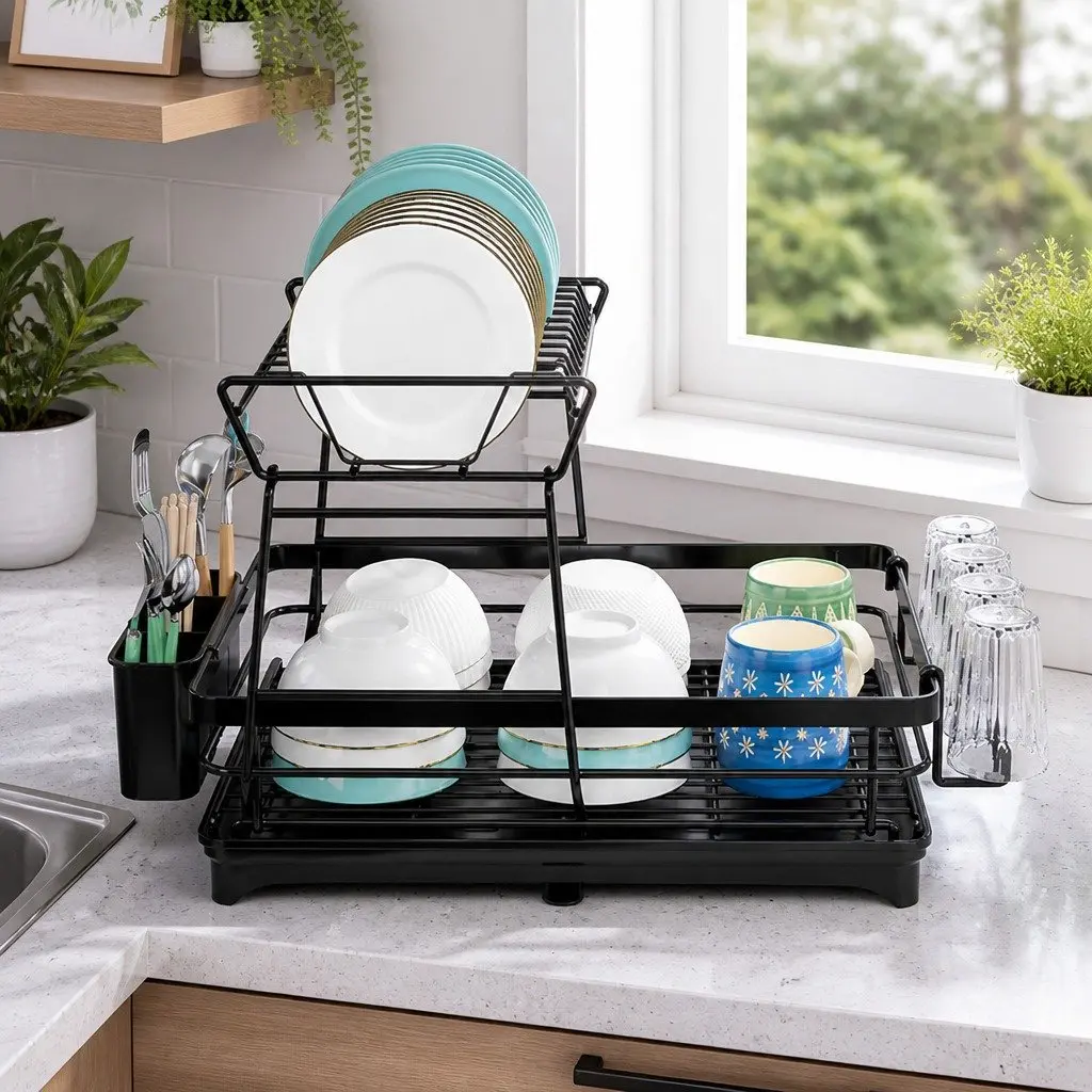 2-Tier Dish Drying Rack with Drainboard & Utensil Holder