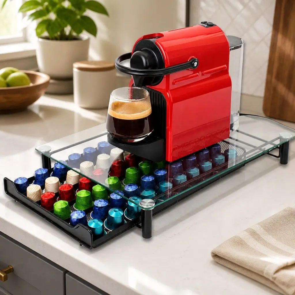 Coffee Pod Holder Organizer Tempered Glass 60 Capacity Kitchen