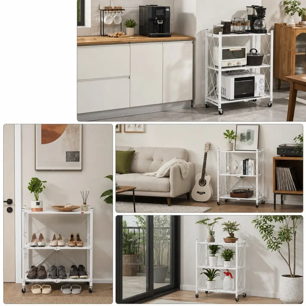 3-Tier Foldable Storage Shelf with Lockable Wheels