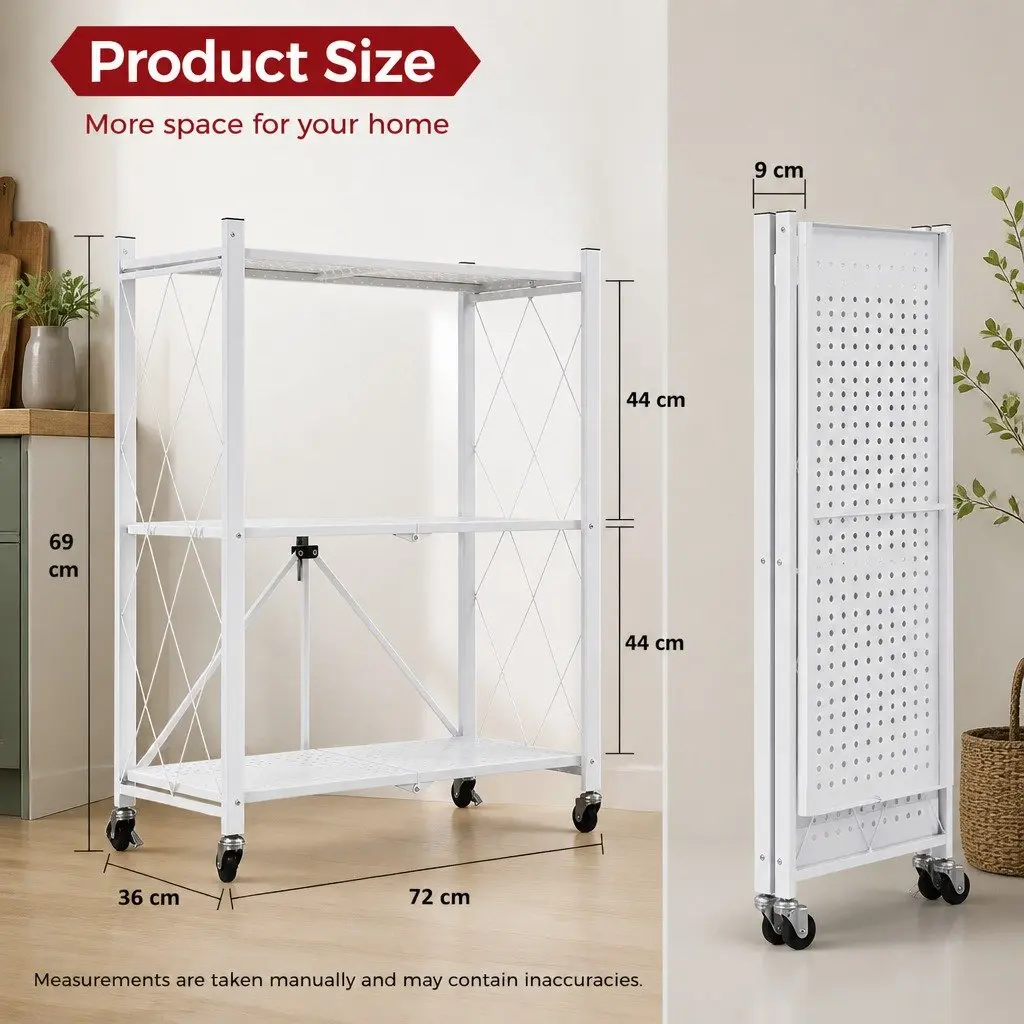 3-Tier Foldable Storage Shelf with Lockable Wheels
