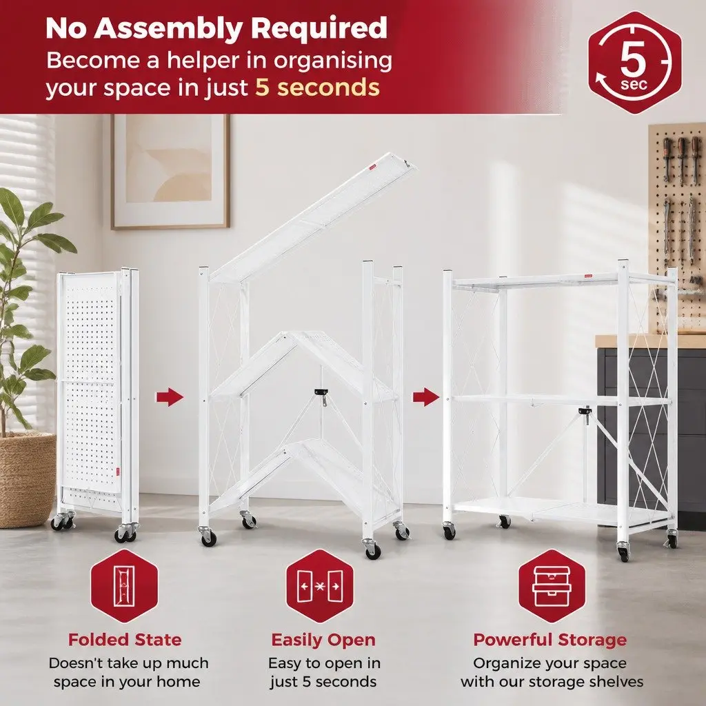 3-Tier Foldable Storage Shelf with Lockable Wheels