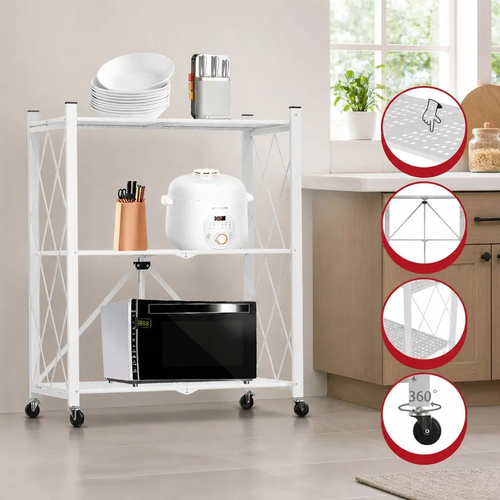 3-Tier Foldable Storage Shelf with Lockable Wheels
