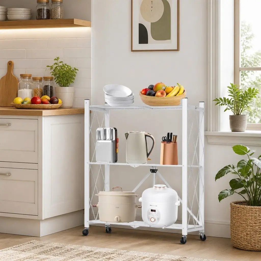 3-Tier Foldable Storage Shelf with Lockable Wheels