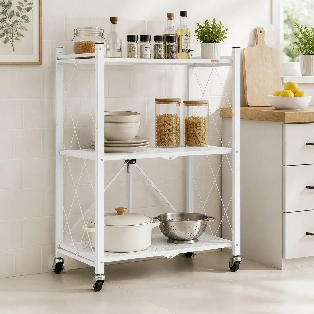 3-Tier Foldable Storage Shelf with Lockable Wheels