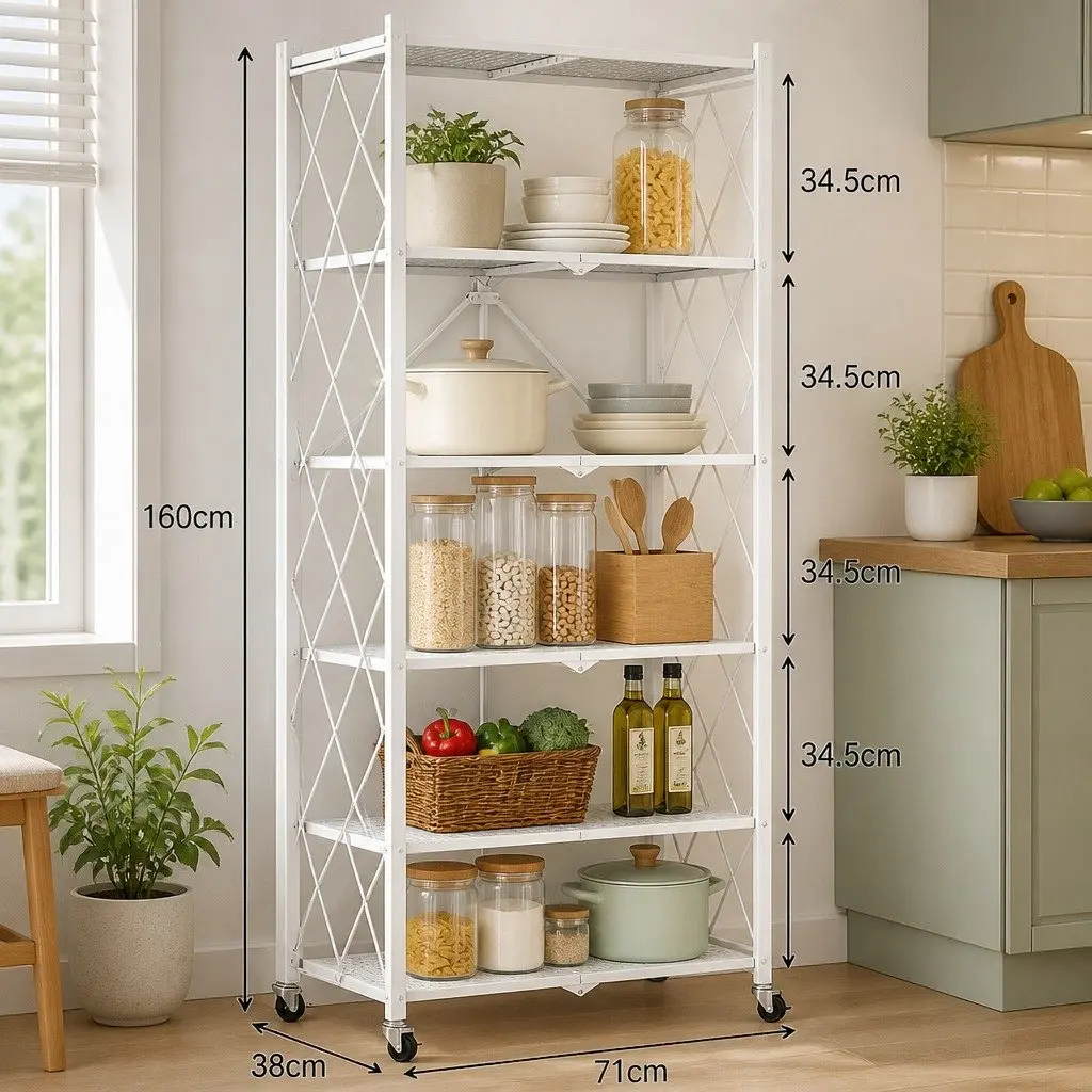 5-Tier Foldable Storage Shelf with Wheels White Kitchen Garage Pantry Organiser