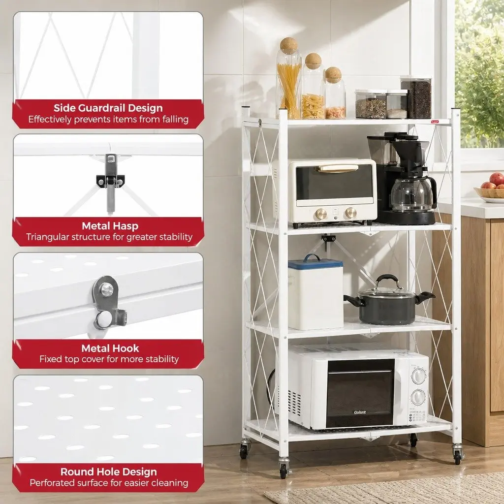 5-Tier Foldable Storage Shelf with Wheels White Kitchen Garage Pantry Organiser