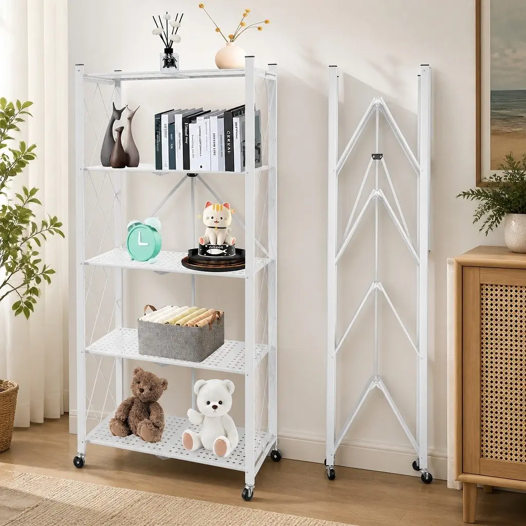 5-Tier Foldable Storage Shelf with Wheels White Kitchen Garage Pantry Organiser
