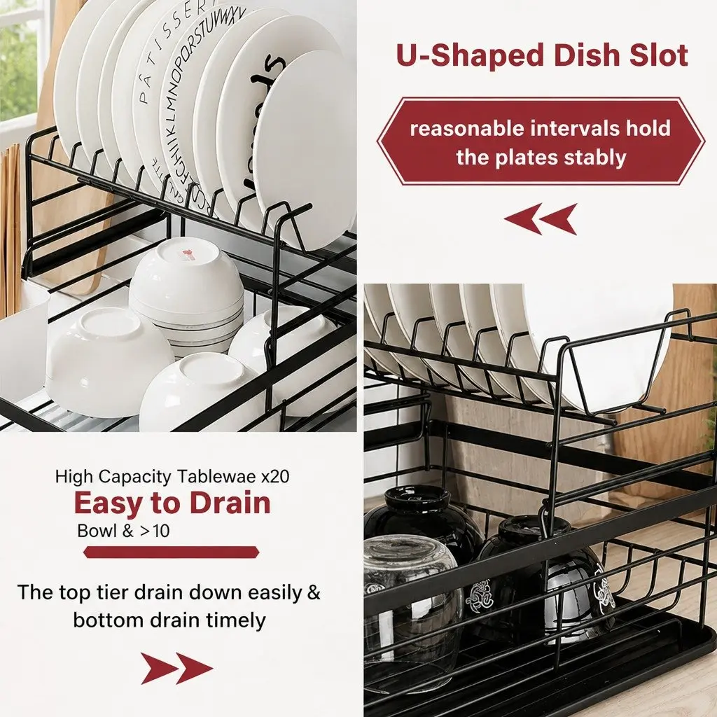 2-Tier Dish Drying Rack with Drip Tray