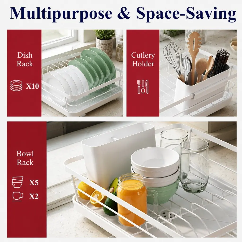 Two-Level Kitchen Dish Drying Rack with Drip Tray