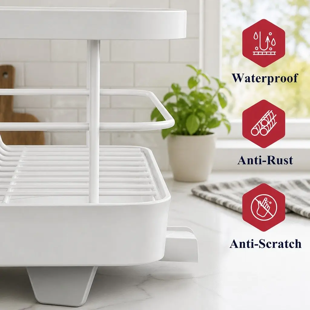 Two-Level Kitchen Dish Drying Rack with Drip Tray