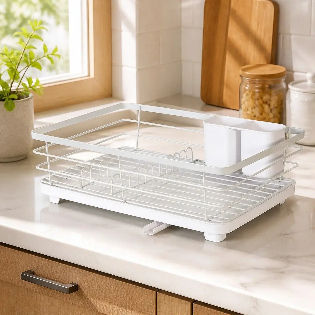 Two-Level Kitchen Dish Drying Rack with Drip Tray