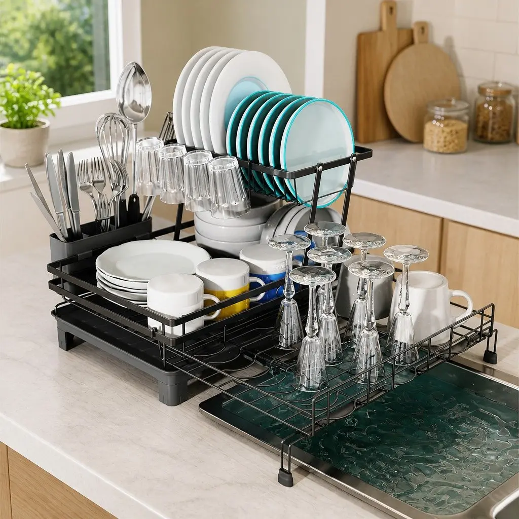 Expandable 2-Tier Dish Drying Rack for Kitchens
