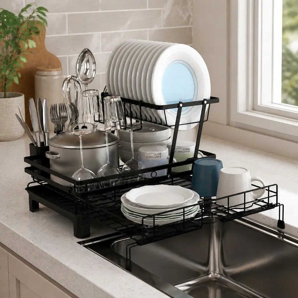 Expandable 2-Tier Dish Drying Rack for Kitchens