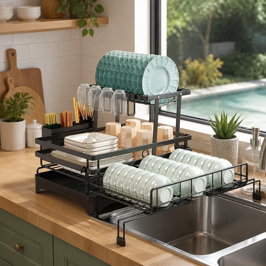 Expandable 2-Tier Dish Drying Rack for Kitchens