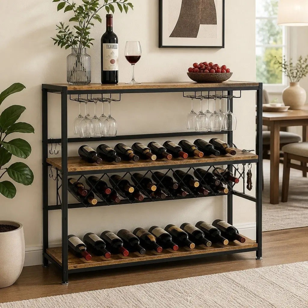 Wine Rack Metal Frame Wooden Countertop Large Size Storage for 20+ Bottles and Glasses