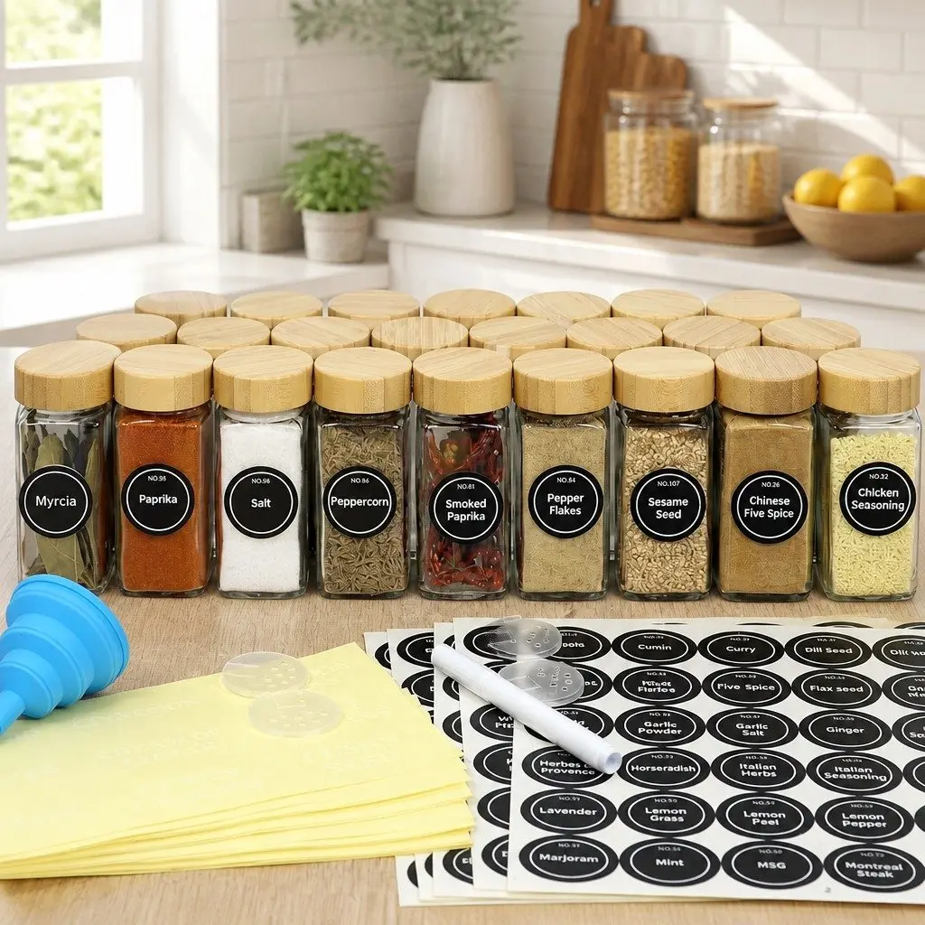 Glass Spice Jars 24 Pack with Bamboo Lids
