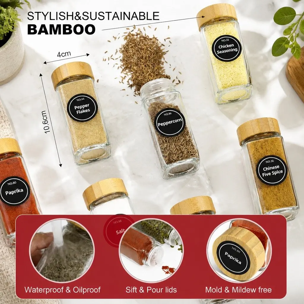 Glass Spice Jars 24 Pack with Bamboo Lids
