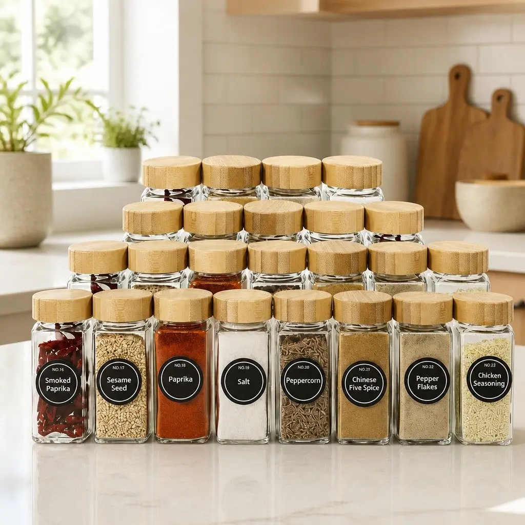 Glass Spice Jars 24 Pack with Bamboo Lids