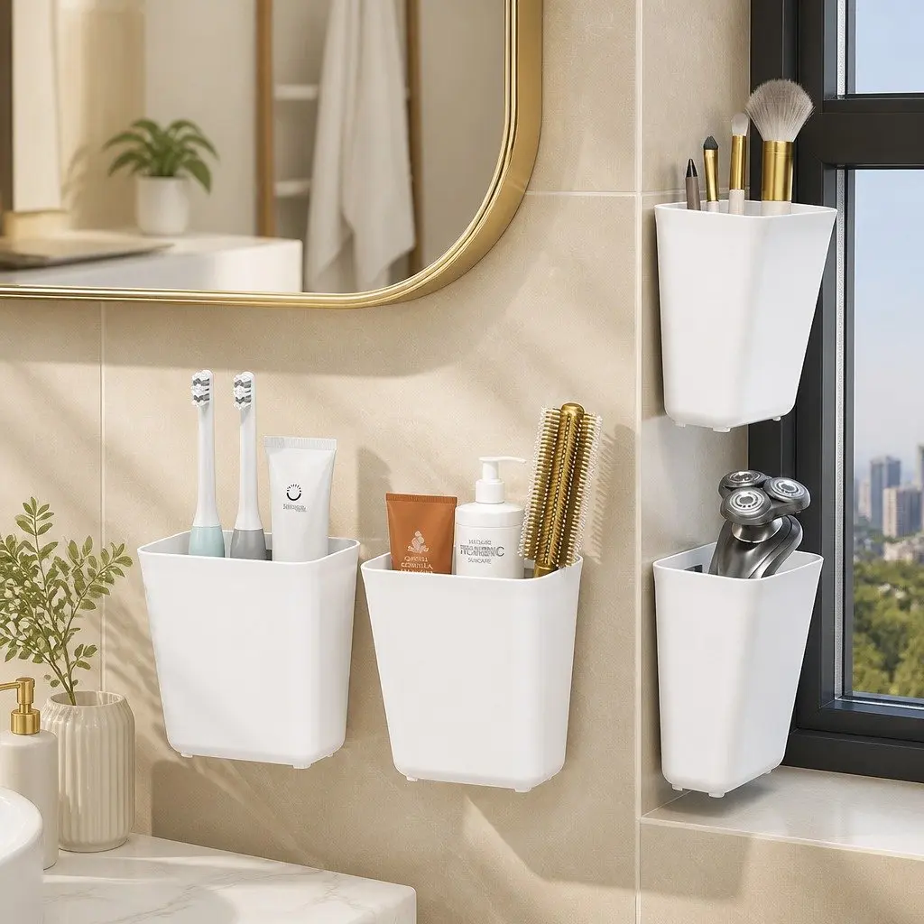 4-Pack Durable Self-Adhesive Wall Storage Boxes
