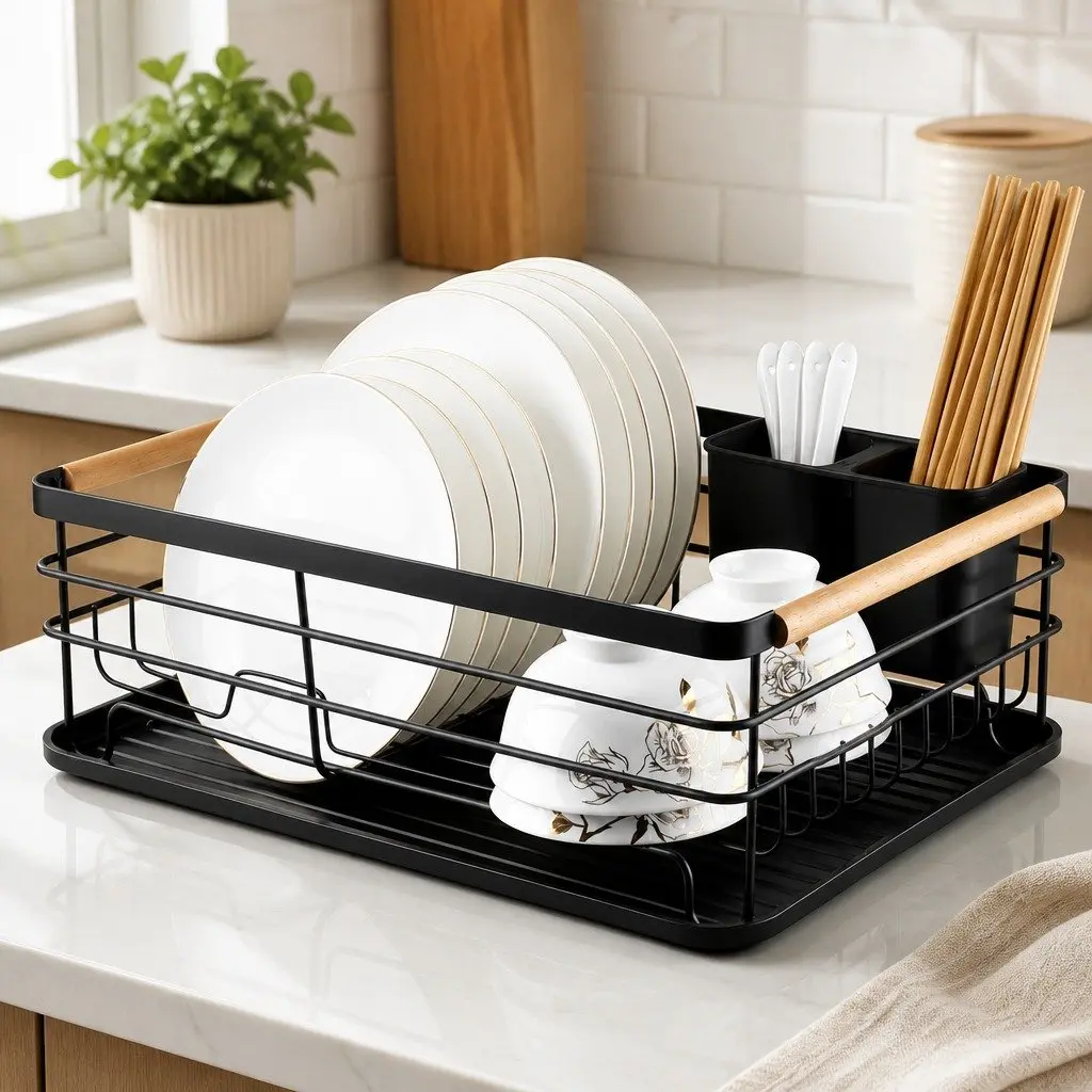 Dish Drying Rack with Wooden Handles