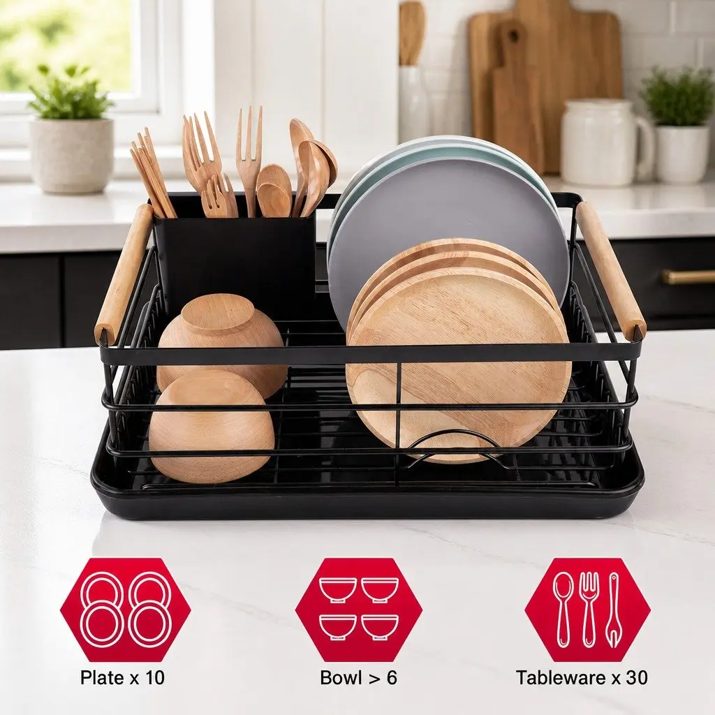 Dish Drying Rack with Wooden Handles