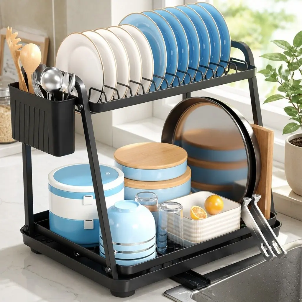 2-Tier Dish Drying Rack with Drainage Tray