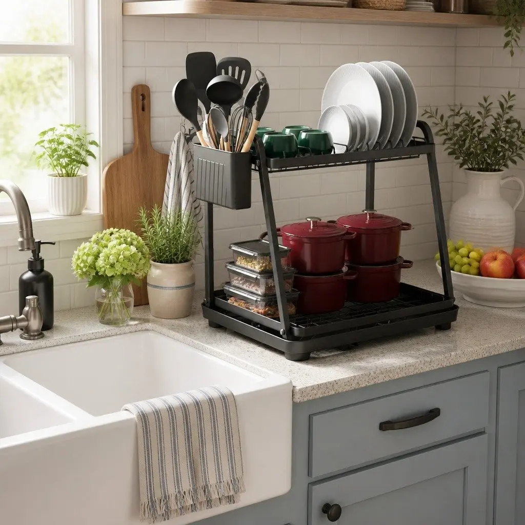 2-Tier Dish Drying Rack with Drainage Tray