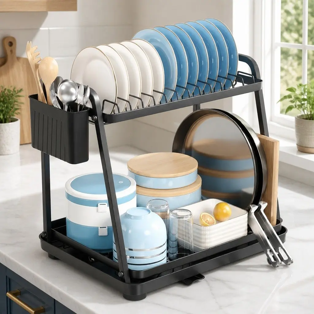2-Tier Dish Drying Rack with Drainage Tray