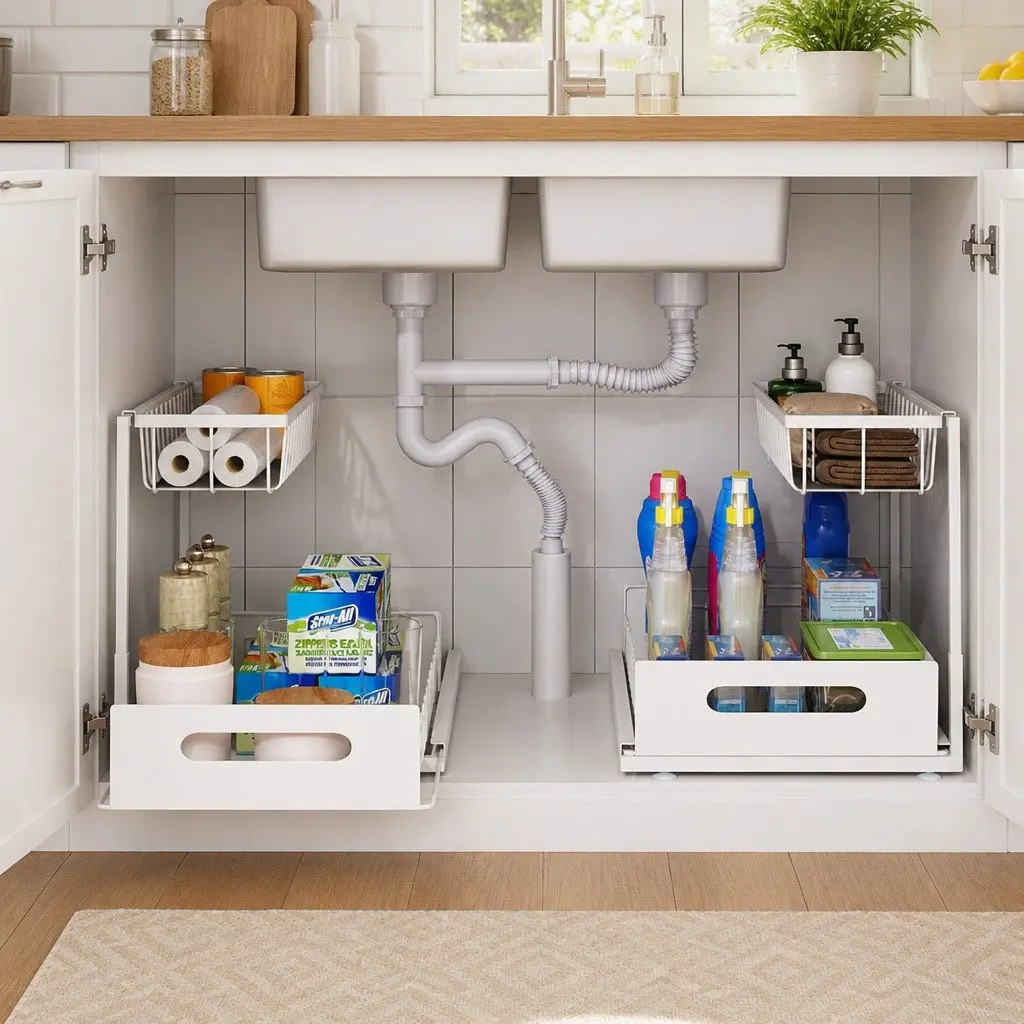 2-Tier Under Sink Organiser with Sliding Drawers