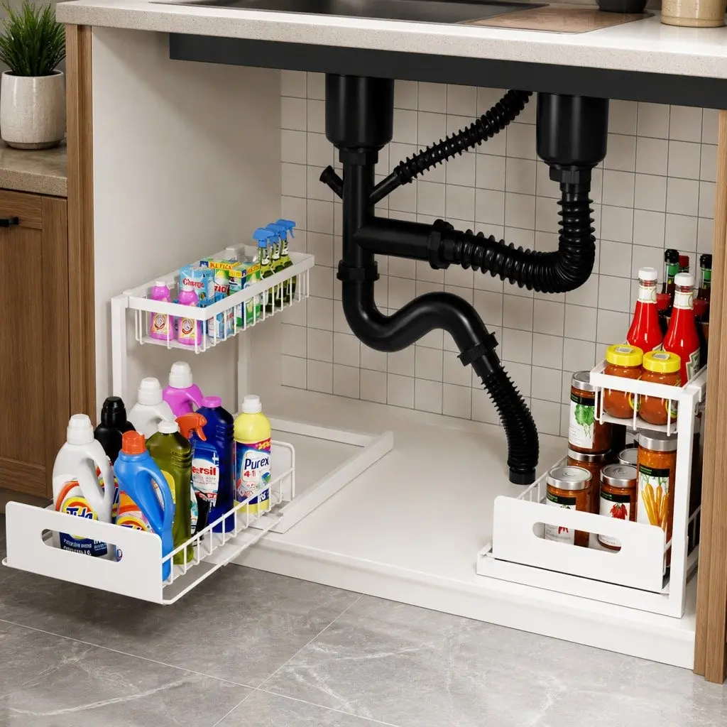 2-Tier Under Sink Organiser with Sliding Drawers