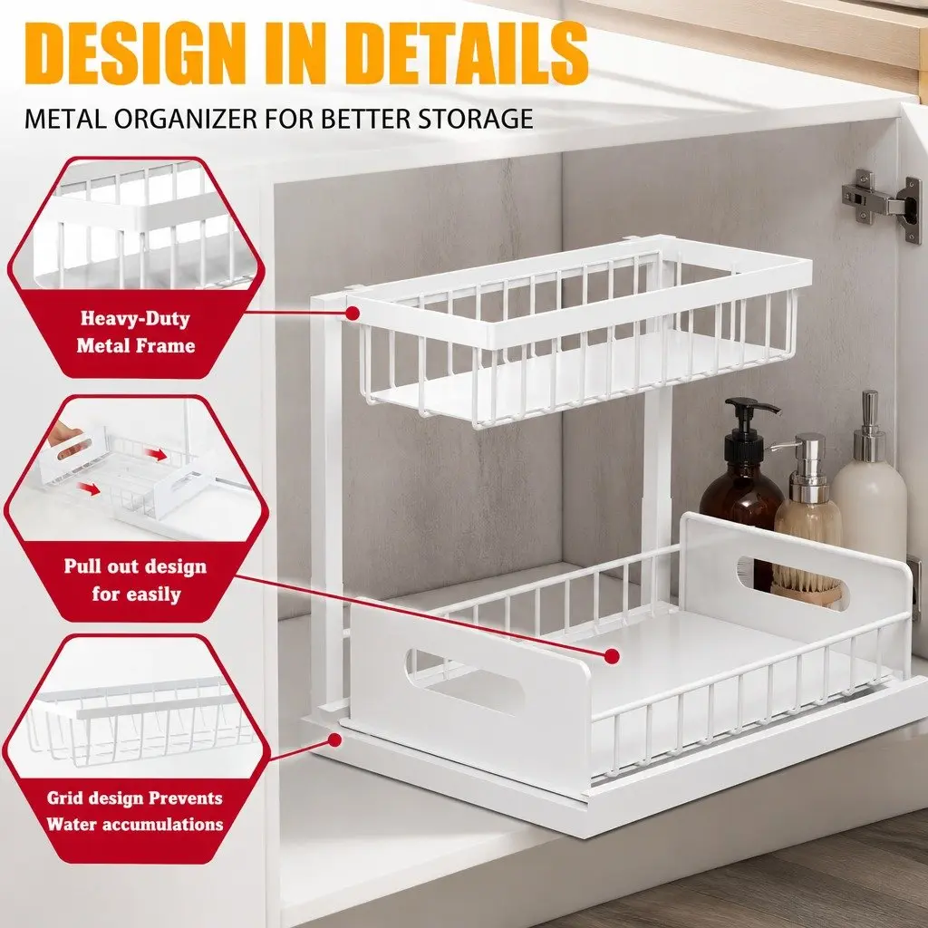 2-Tier Under Sink Organiser with Sliding Drawers
