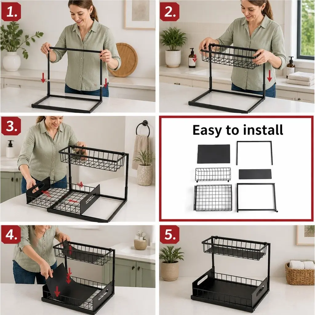 2-Tier Under Sink Organiser with Sliding Drawers