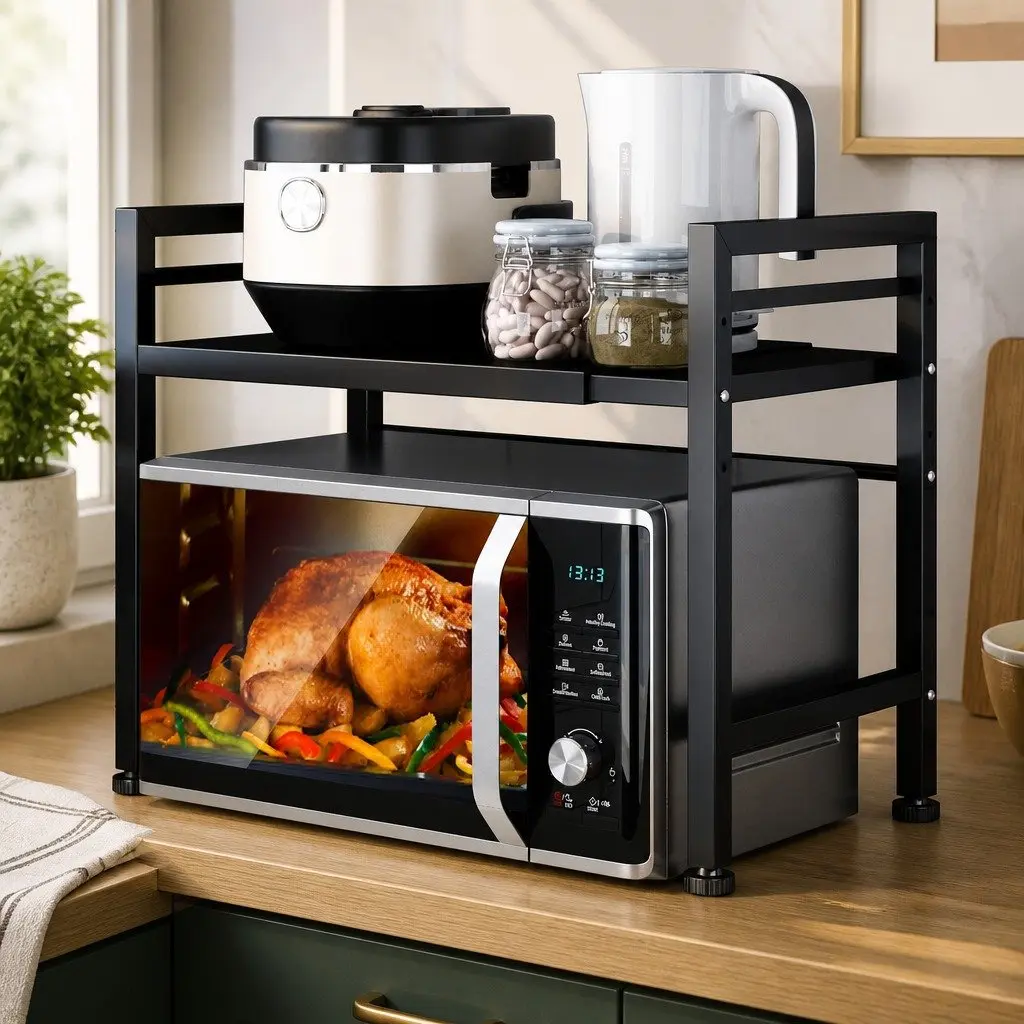 Microwave Oven Rack Metal 2-Tier Adjustable Kitchen Shelf Stand Black 63x48x32 cm