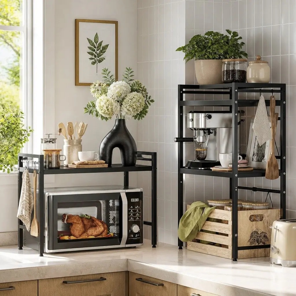 Microwave Oven Rack Metal 2-Tier Adjustable Kitchen Shelf Stand Black 63x48x32 cm