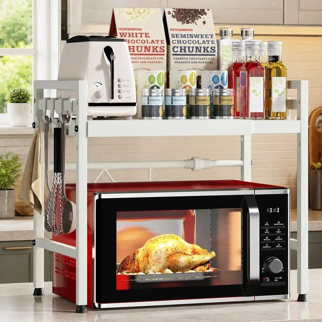 Microwave Oven Rack Carbon Steel 2-Tier Adjustable Kitchen Shelf Stand White