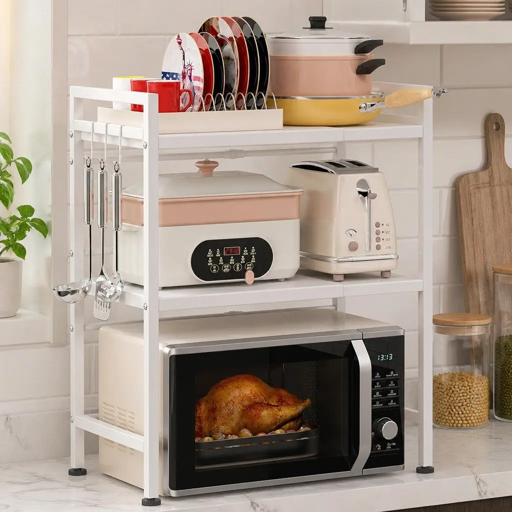 3-Tier Microwave Oven Rack Adjustable Metal Kitchen Shelf Stand Countertop Carbon Steel 36x78x40cm