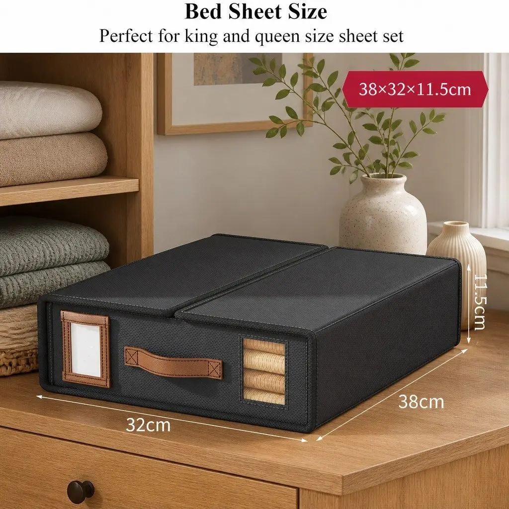 Storage Box Set of 8 PU Leather Black Bedding Organizer with Clear Window and Handle