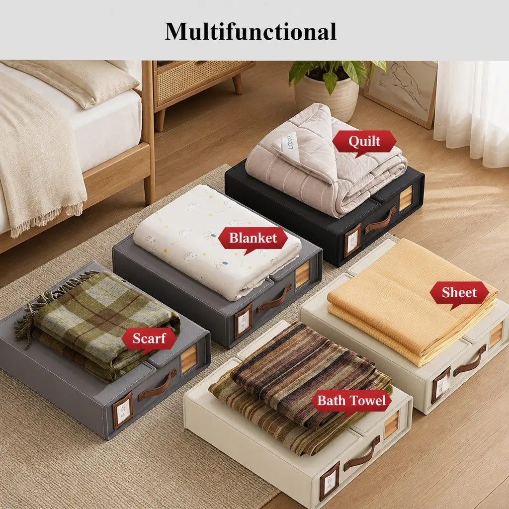 Storage Box Set of 8 PU Leather Black Bedding Organizer with Clear Window and Handle