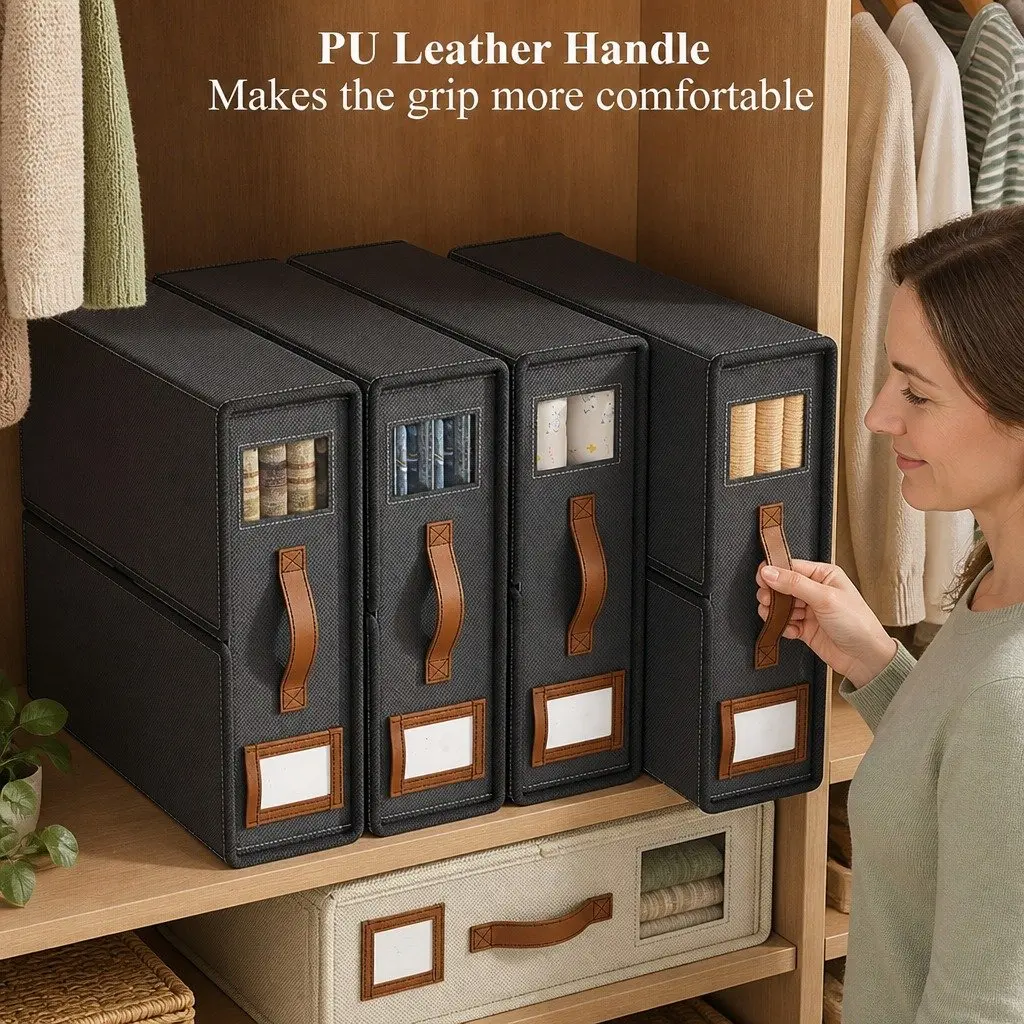 Storage Box Set of 8 PU Leather Black Bedding Organizer with Clear Window and Handle