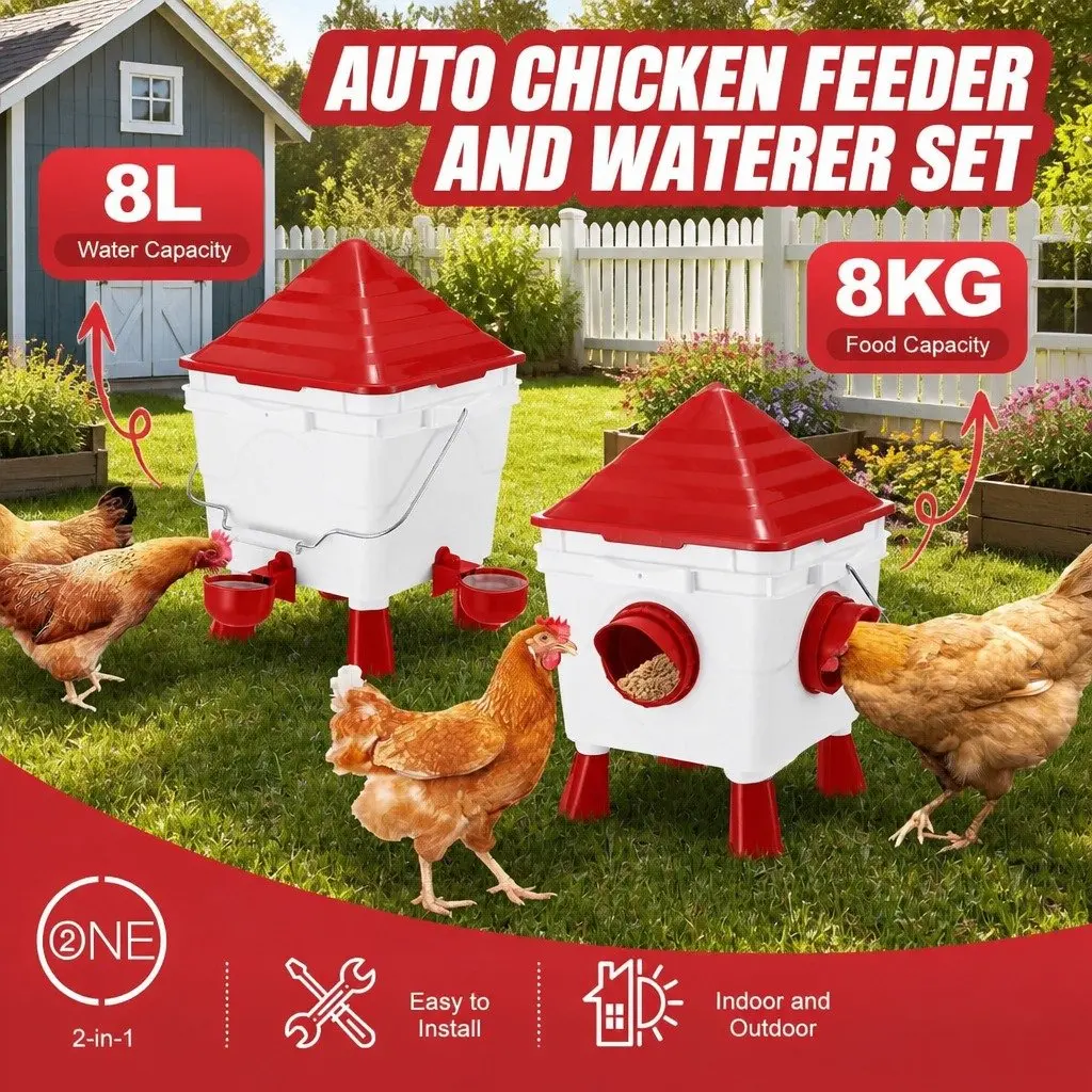 Automatic Chicken Feeder Waterer Set Plastic 8KG Food 8L Water 4 Ports