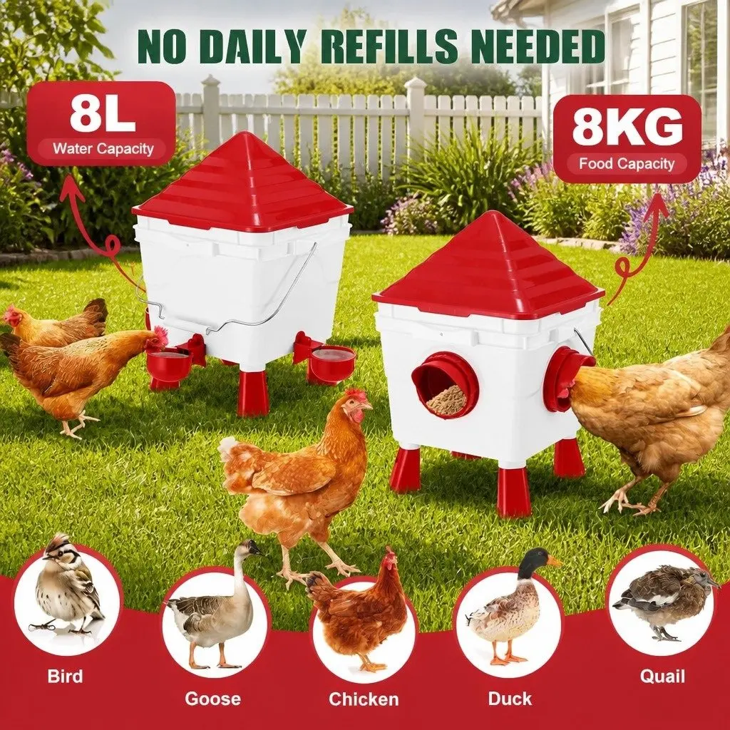 Automatic Chicken Feeder Waterer Set Plastic 8KG Food 8L Water 4 Ports