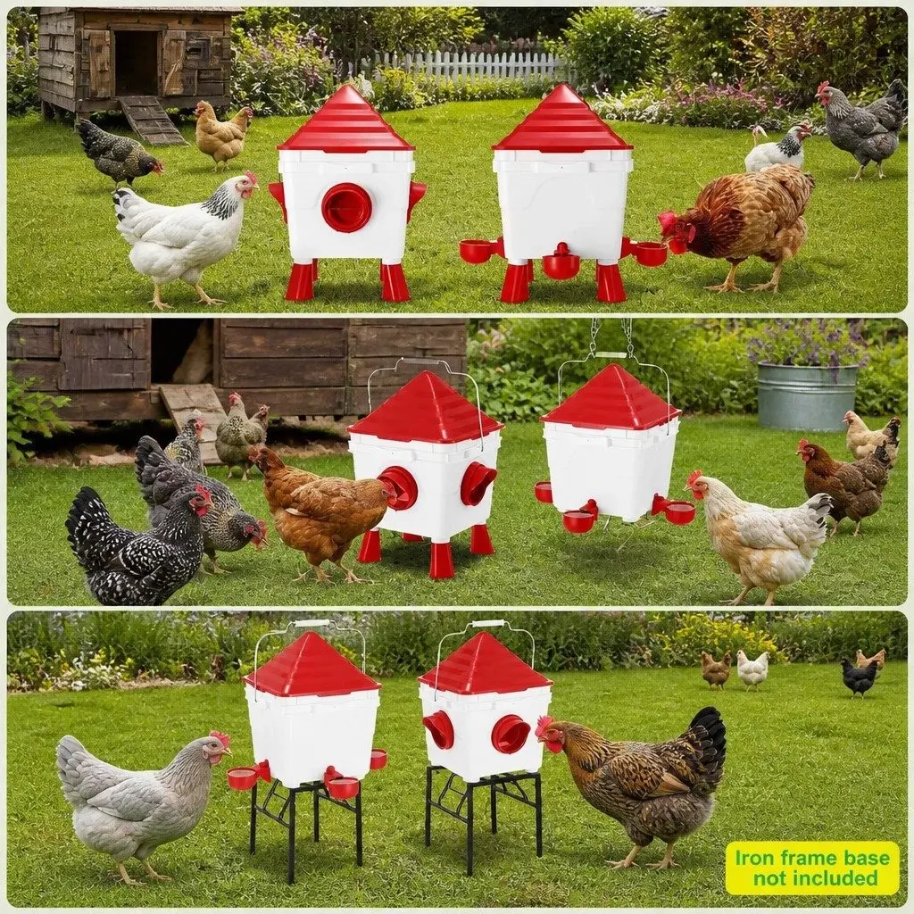 Automatic Chicken Feeder Waterer Set Plastic 8KG Food 8L Water 4 Ports
