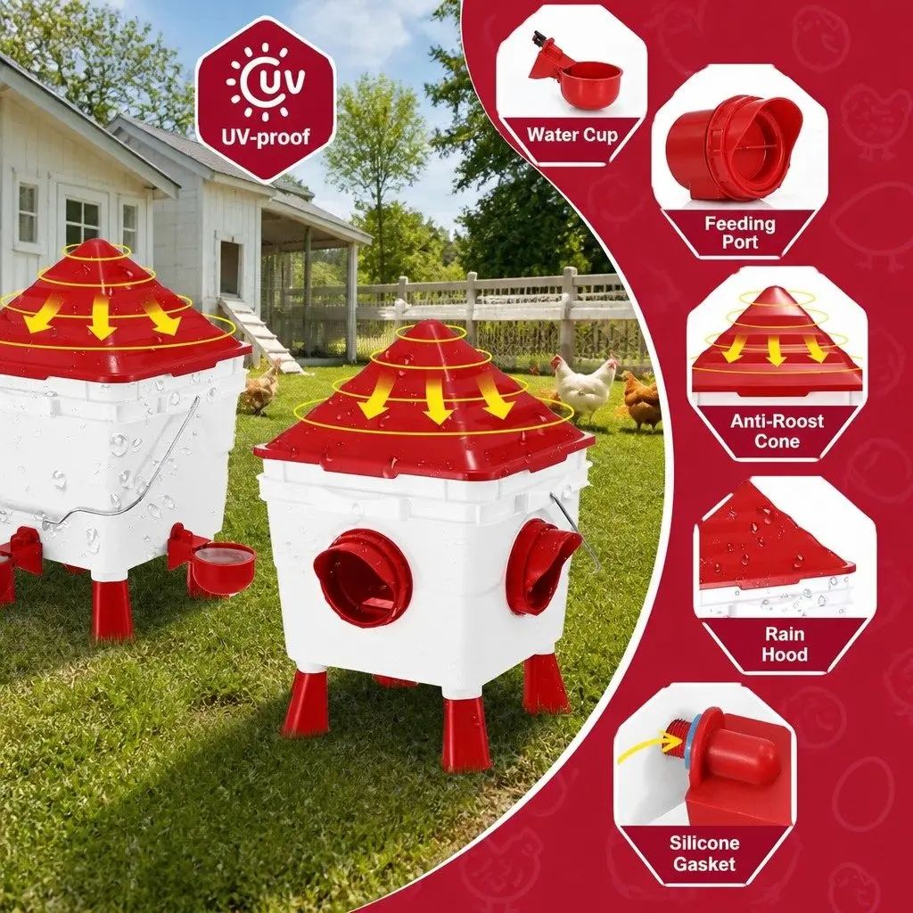Automatic Chicken Feeder Waterer Set Plastic 8KG Food 8L Water 4 Ports
