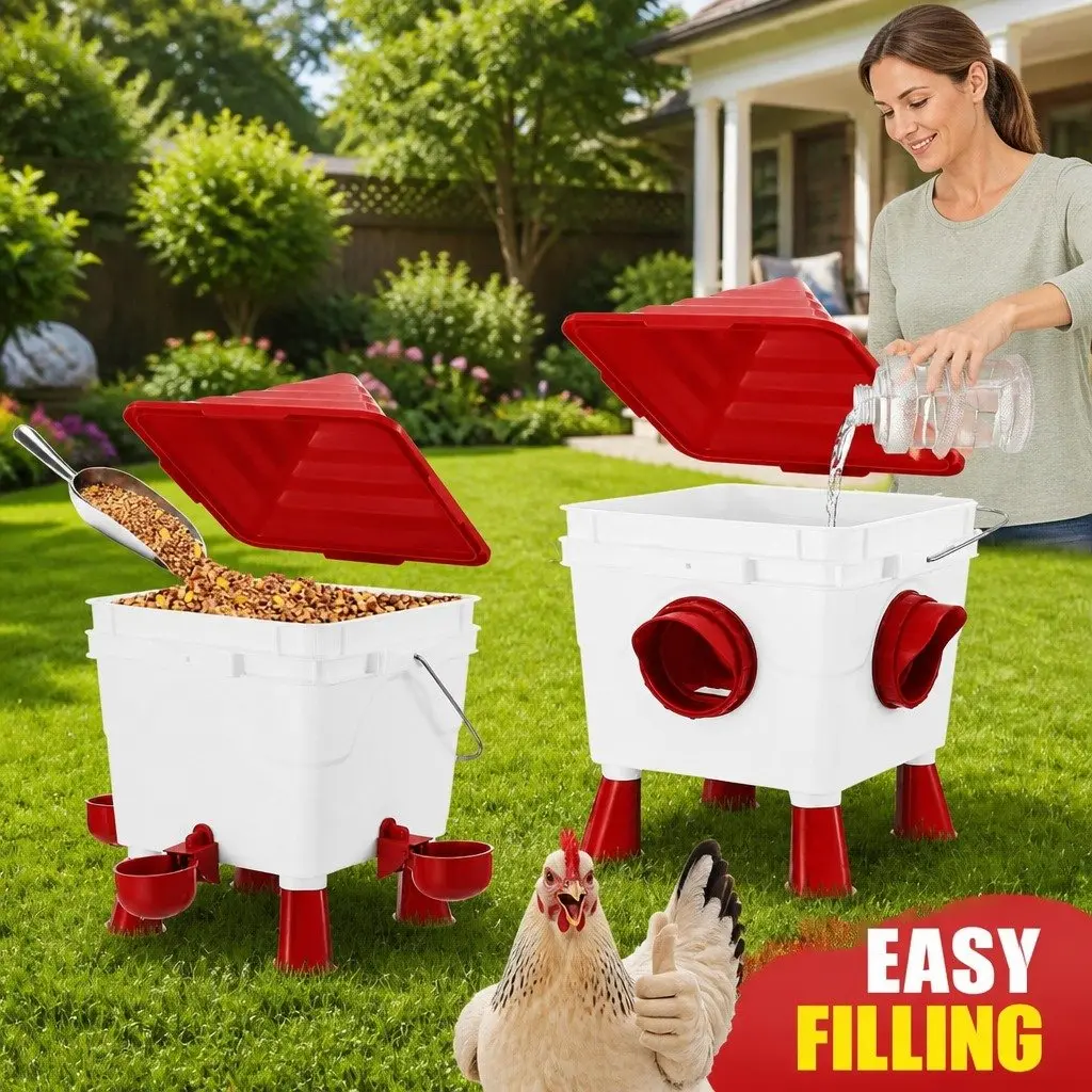Automatic Chicken Feeder Waterer Set Plastic 8KG Food 8L Water 4 Ports